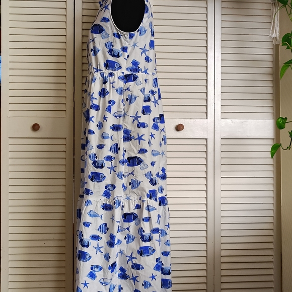 Rachel Zoe Blue White Sea Life Fish Print Sleeveless Maxi Dress Size S –Like New - Picture 5 of 11